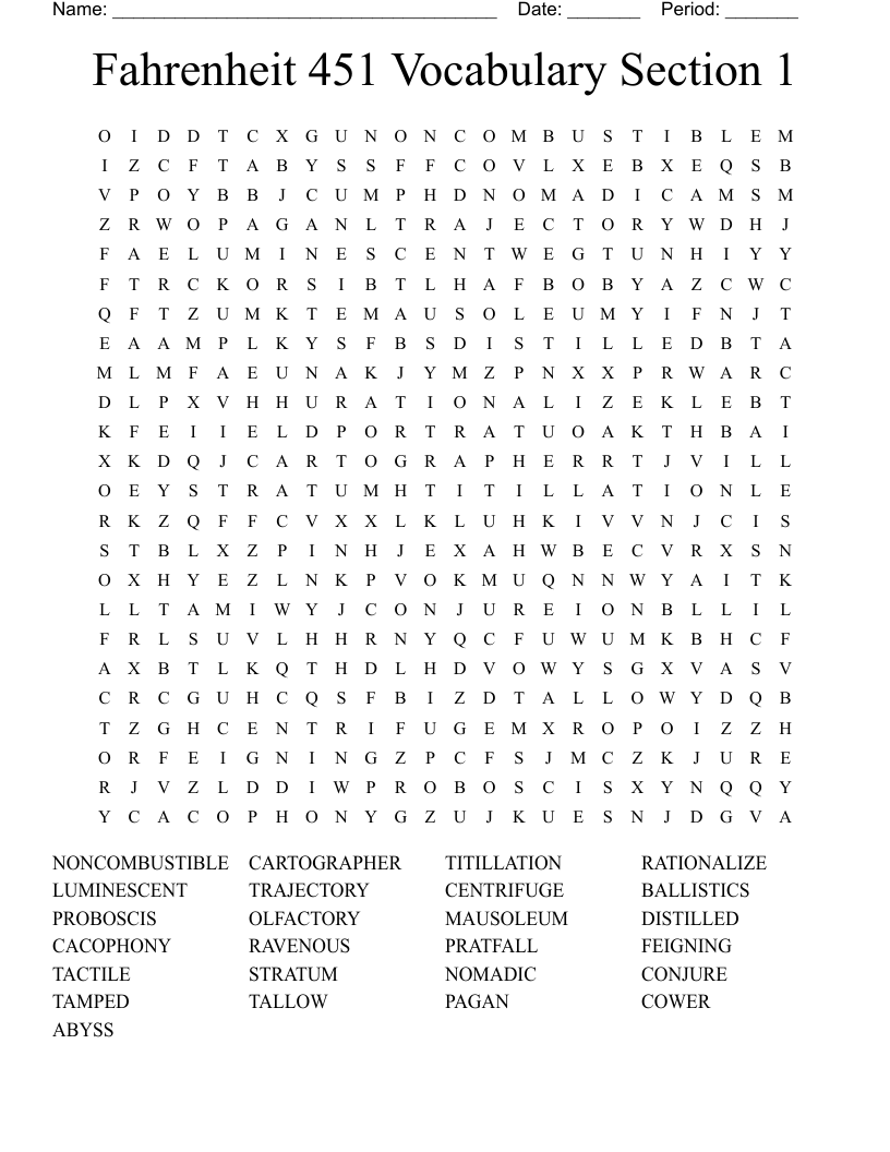 Fahrenheit 451 Vocabulary Section 1 Word Search