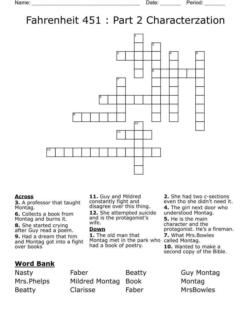 Fahrenheit 451 : Part 2 Characterzation Crossword
