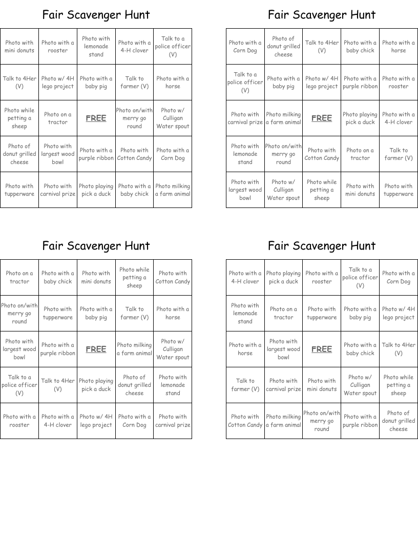 Fair Scavenger Hunt Bingo Cards