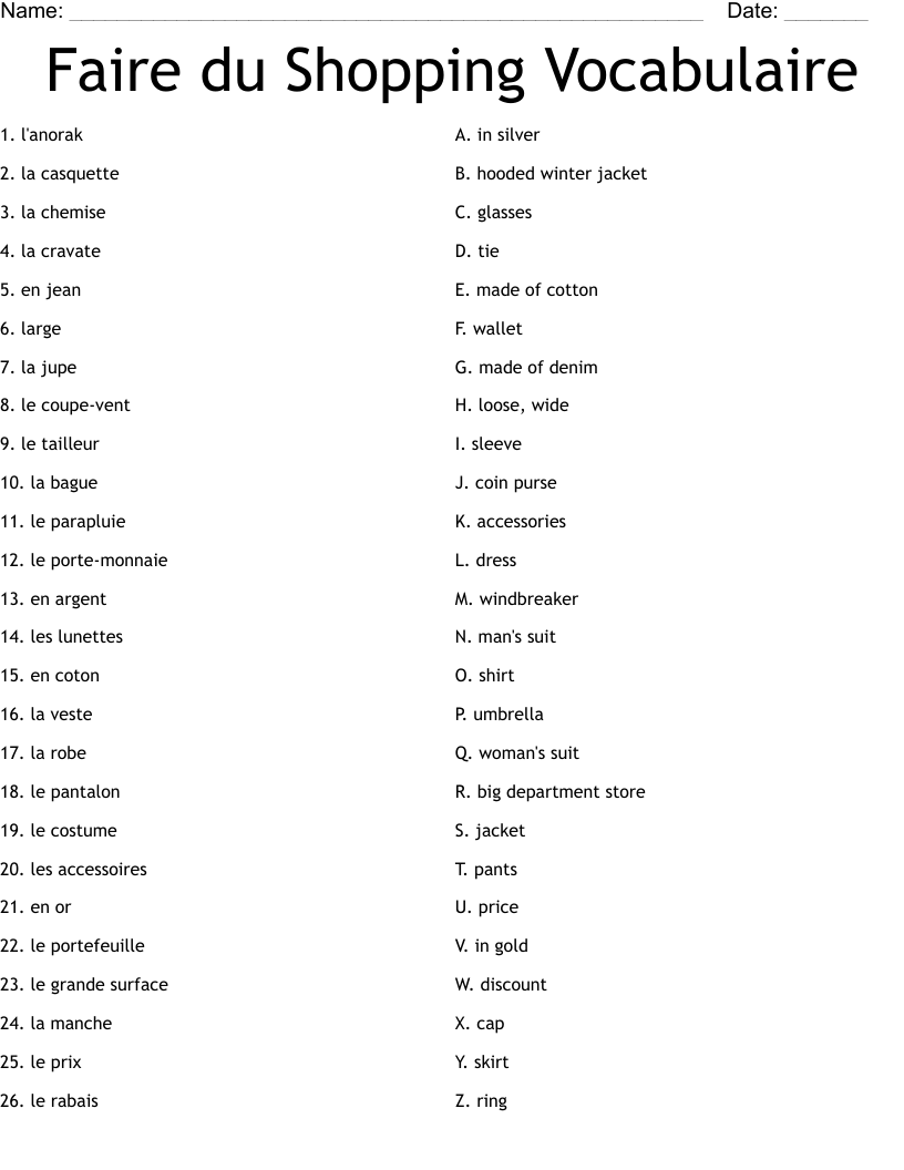 Faire du Shopping Vocabulaire Worksheet