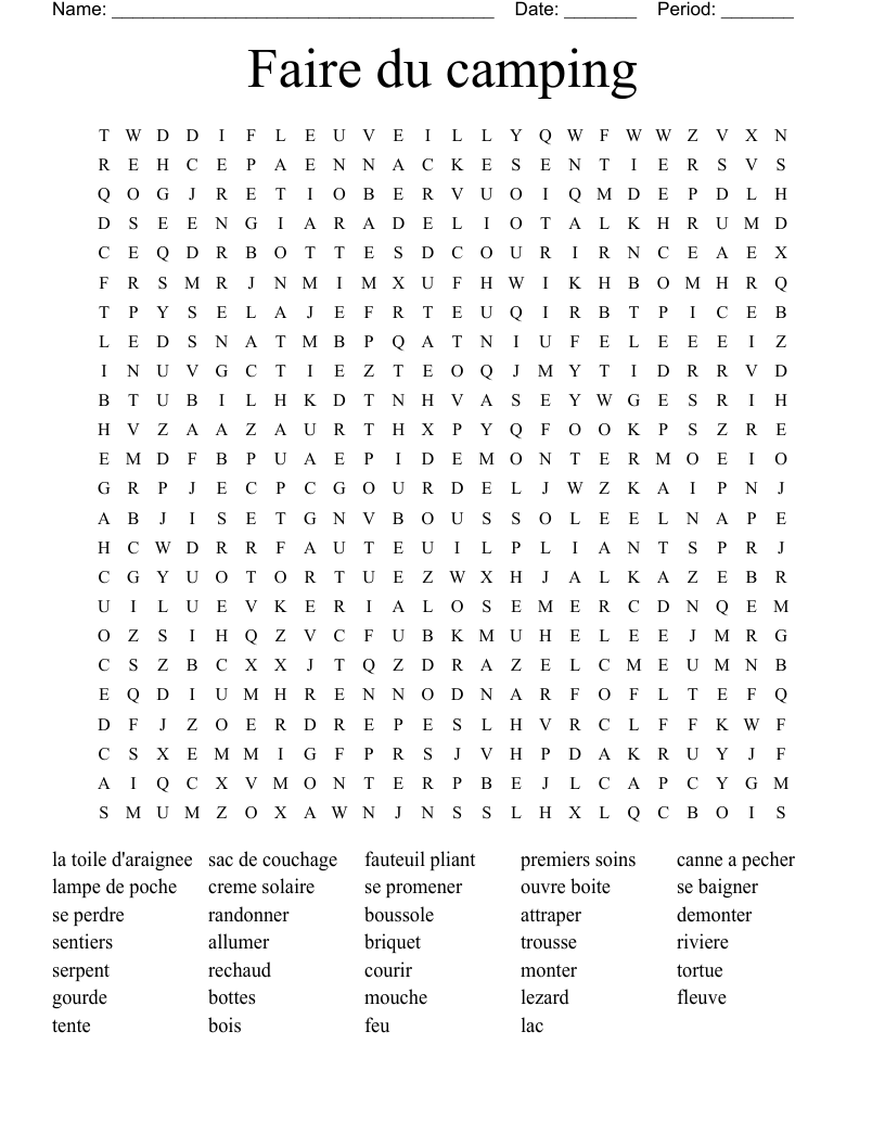 Faire du camping Word Search