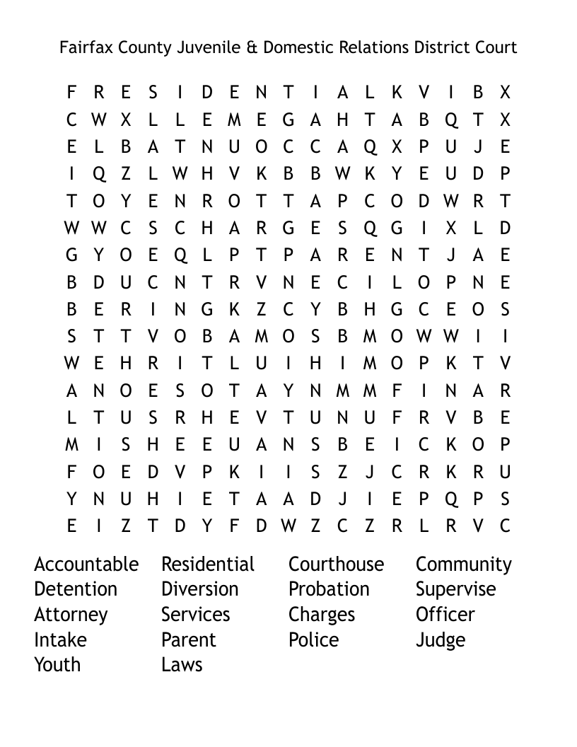 Fairfax County Juvenile & Domestic Relations District Court Word Search