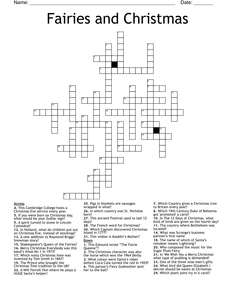 Fairies and Christmas Crossword
