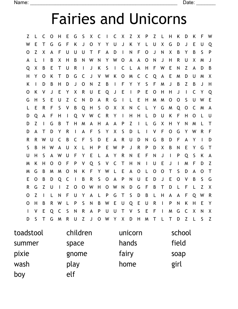 Fairies and Unicorns Word Search