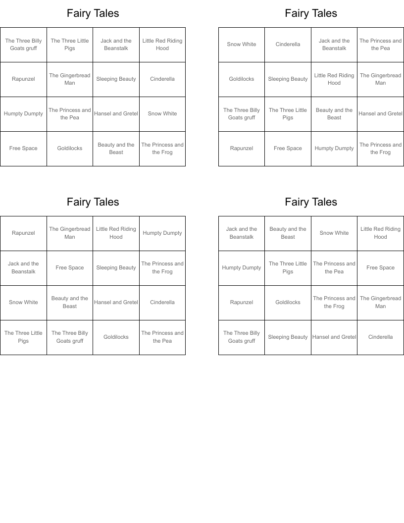 Fairy Tales Bingo Cards