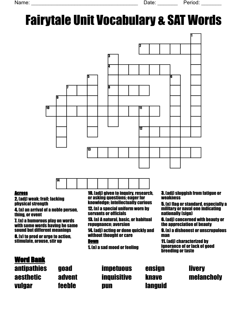 Fairytale Unit Vocabulary & SAT Words Crossword