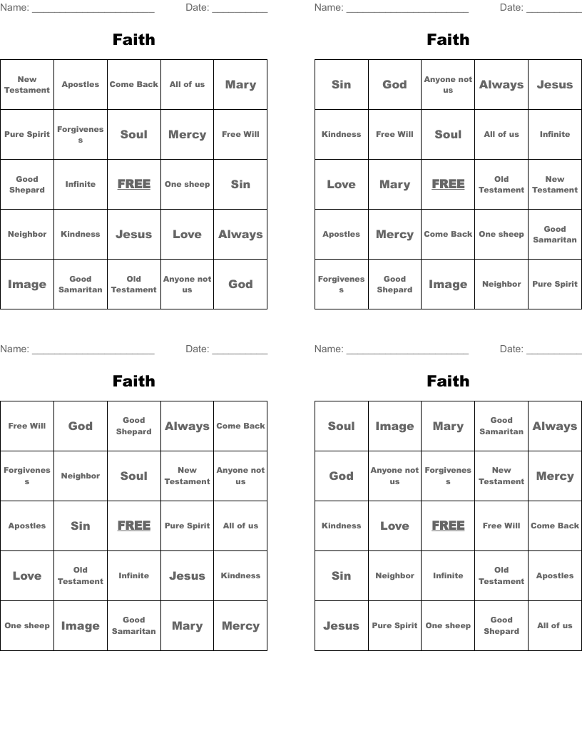 Faith Bingo Cards