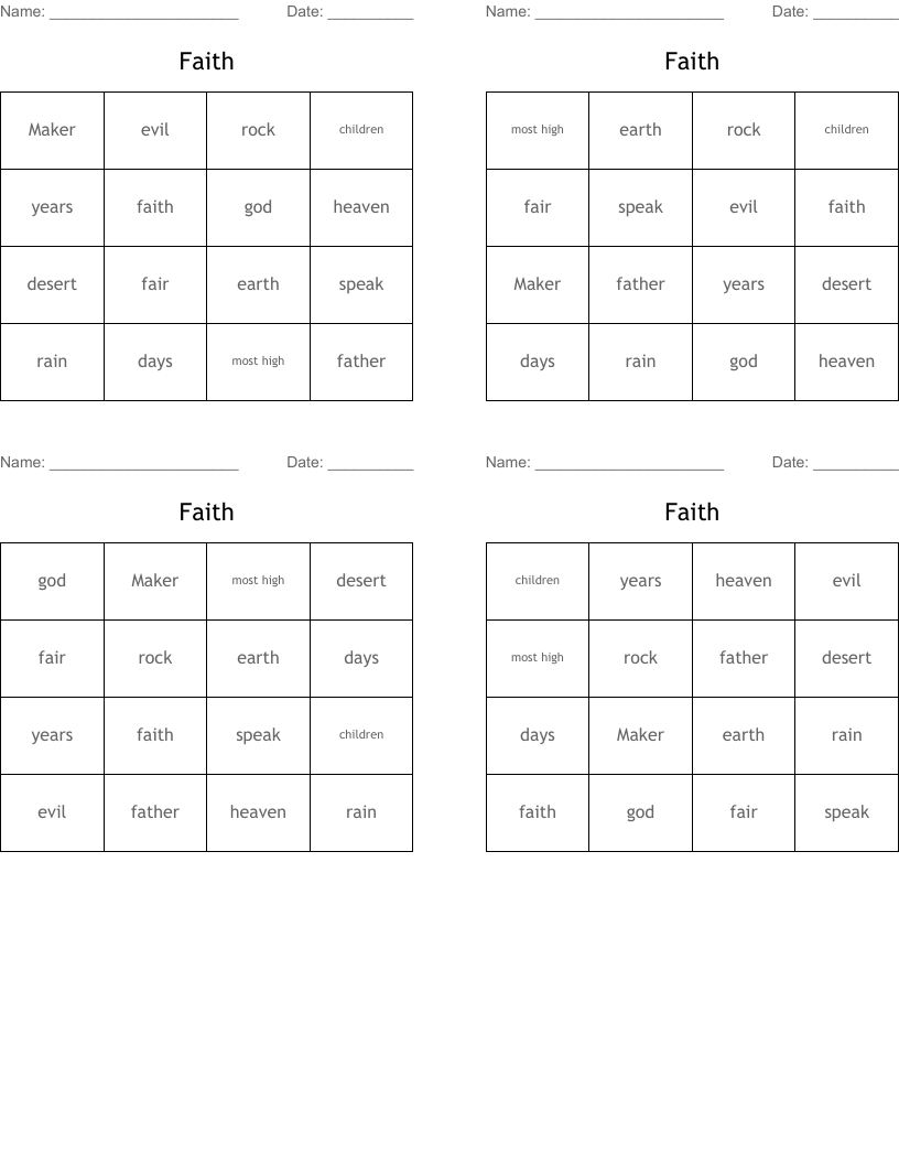 Faith Bingo Cards