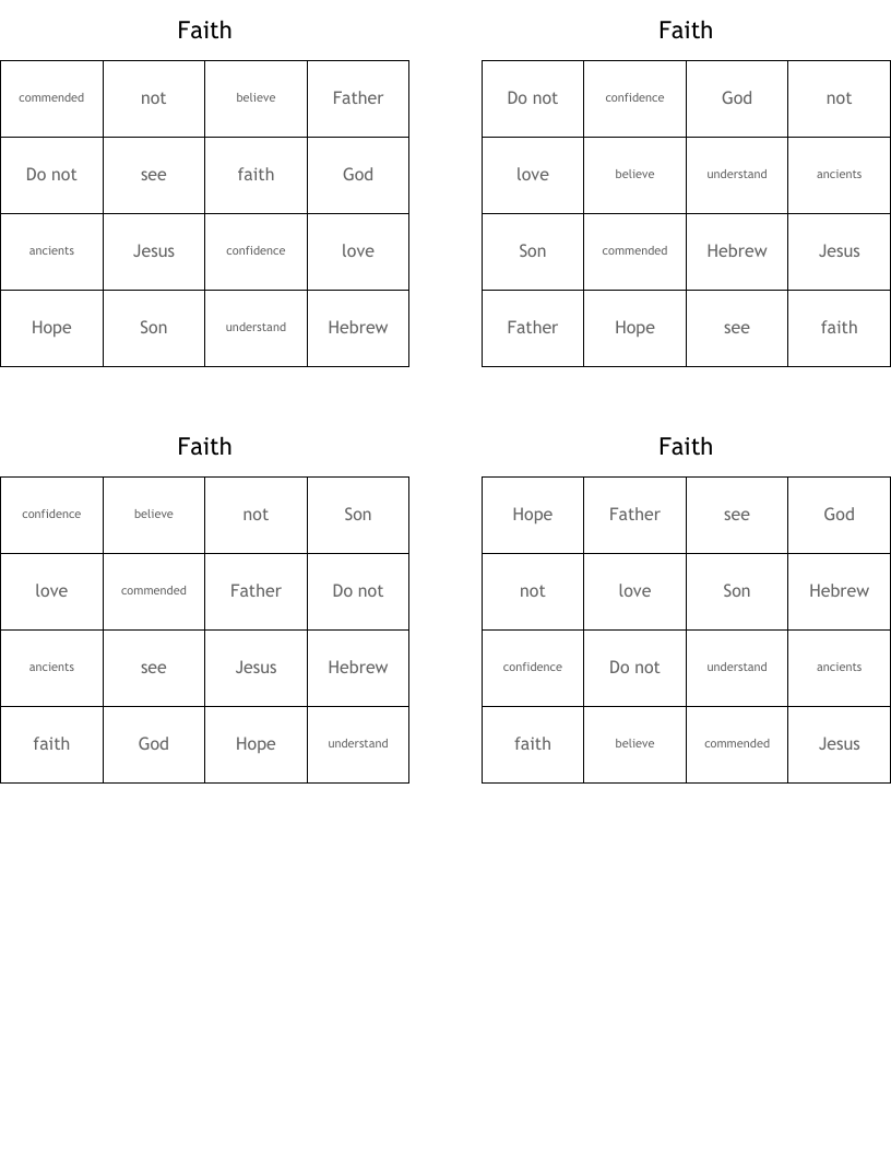 Faith Bingo Cards