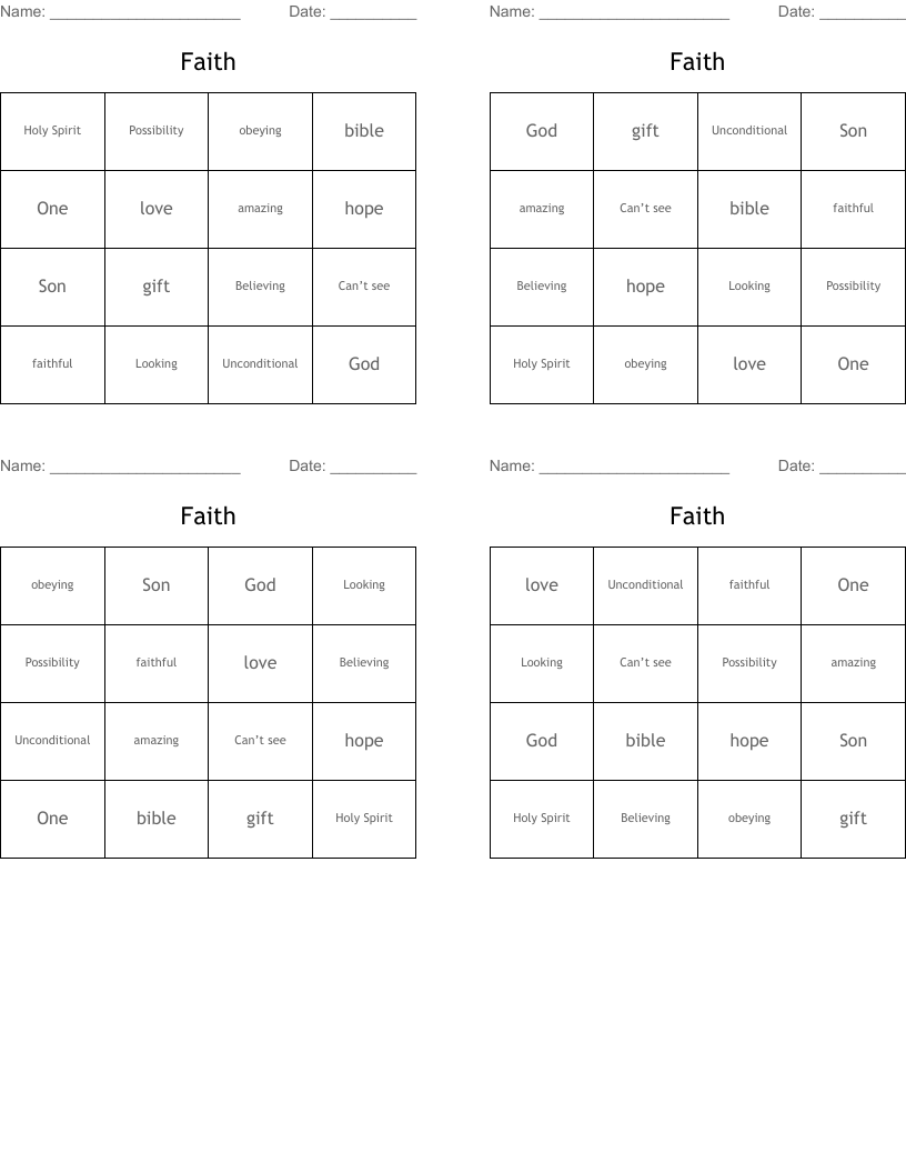 Faith Bingo Cards