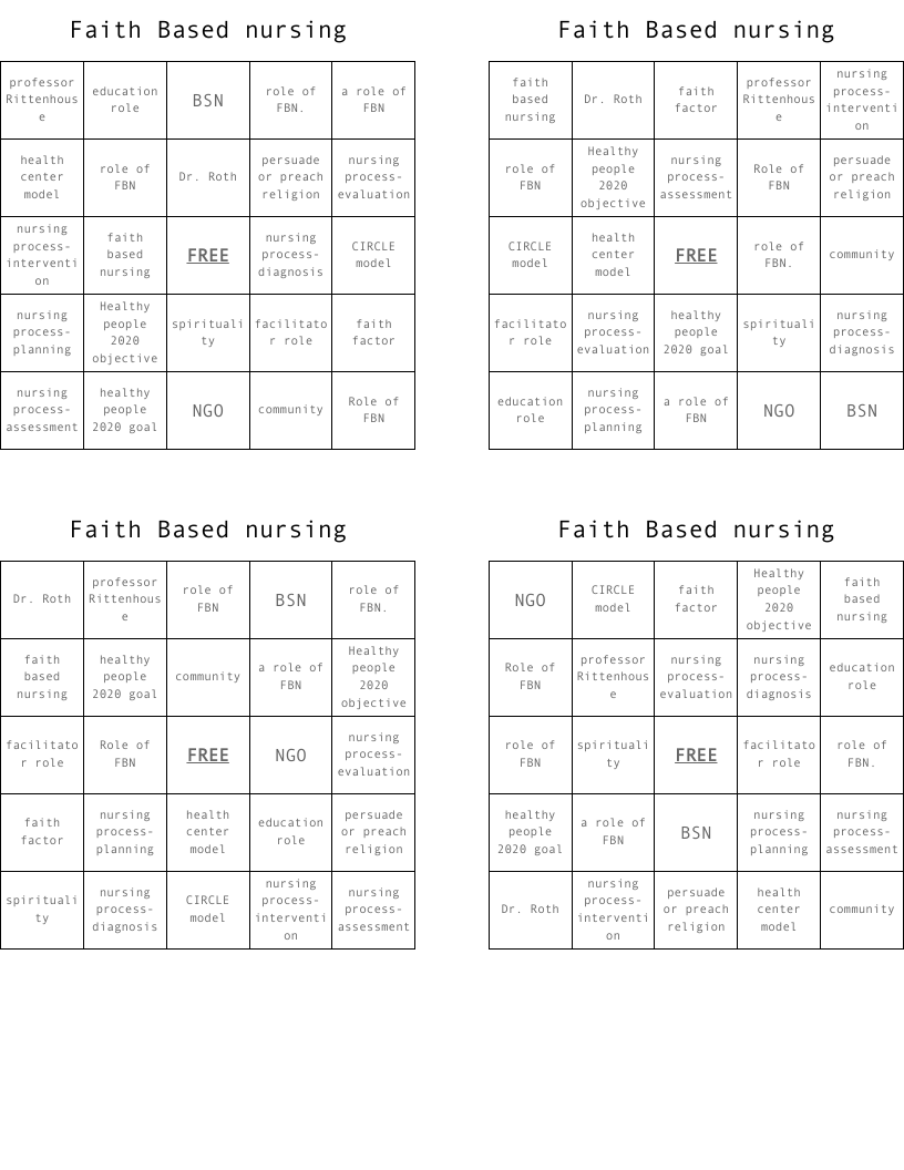 Faith Based nursing Bingo Cards