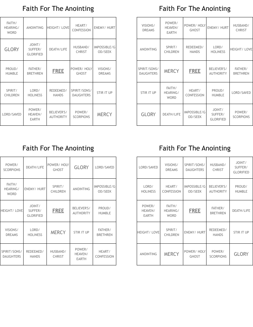 Faith For The Anointing Bingo Cards
