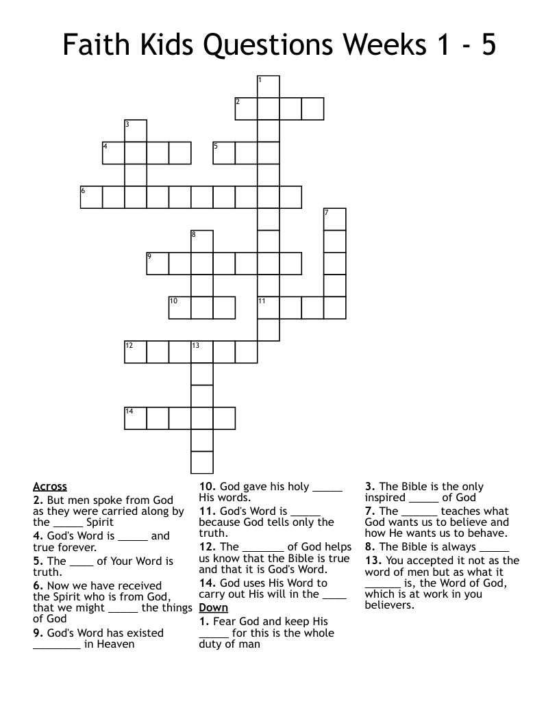 Faith Kids Questions  Weeks 1 - 5 Crossword