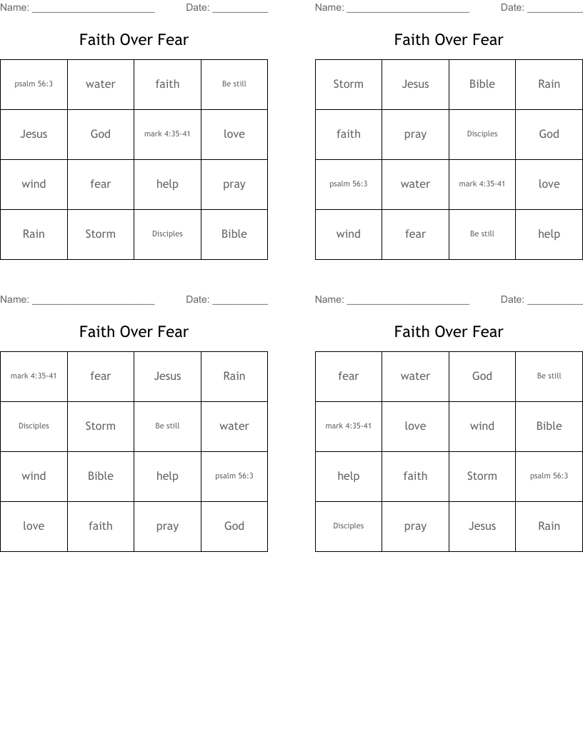 Faith Over Fear Bingo Cards