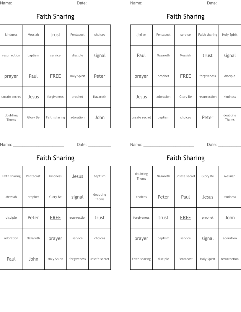 Faith Sharing Bingo Cards