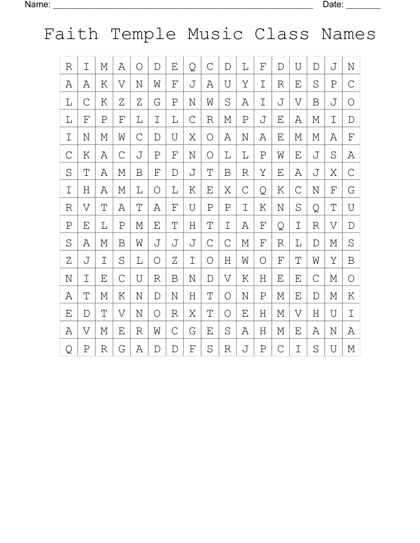 Faith Temple Music Class Names Word Search
