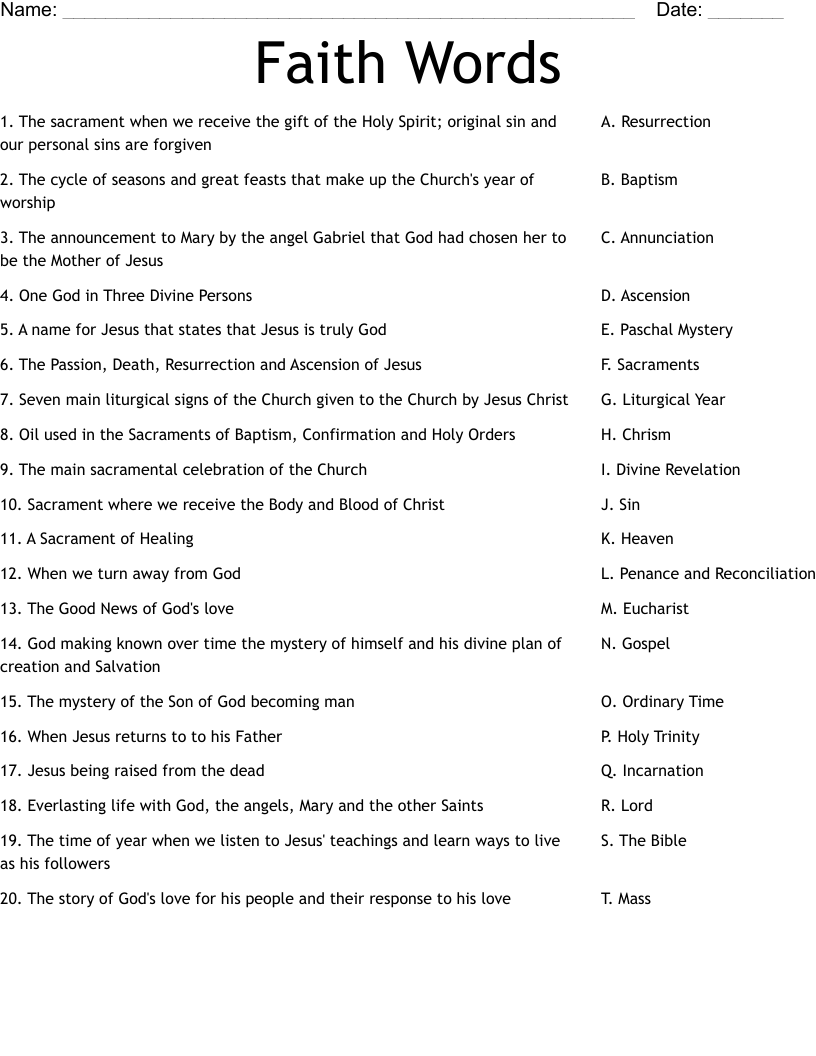 Faith Words Worksheet