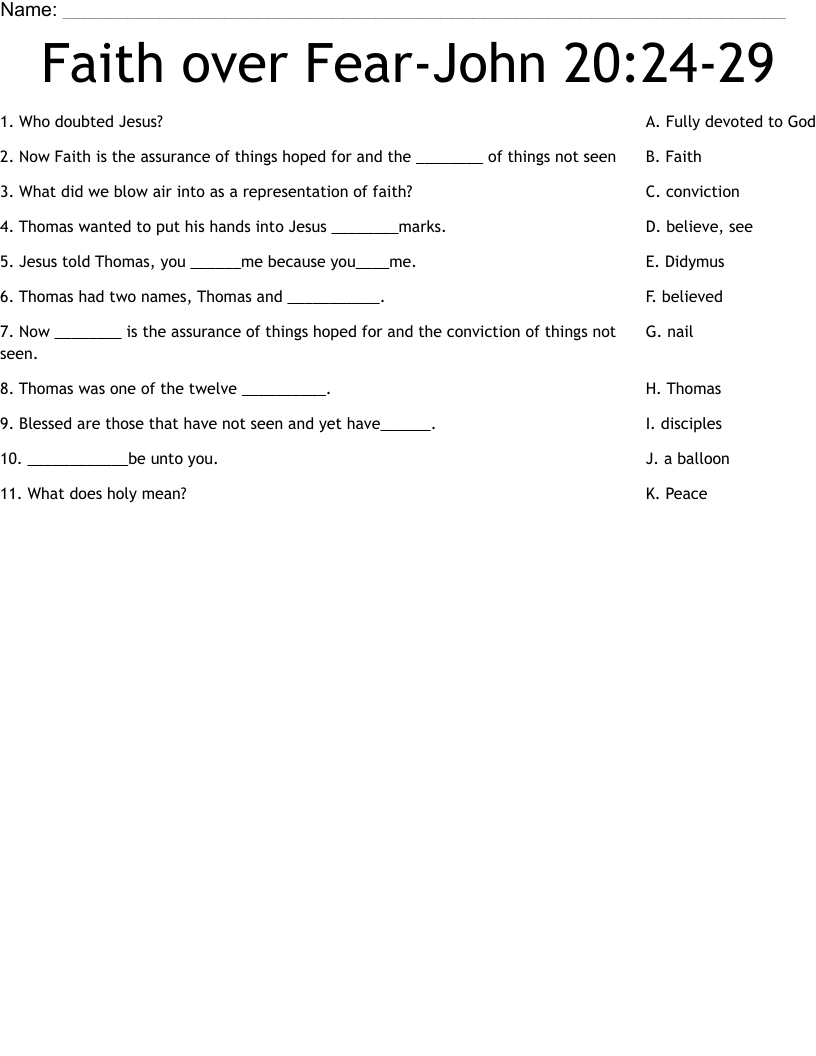 Faith over Fear-John 20:24-29 Worksheet