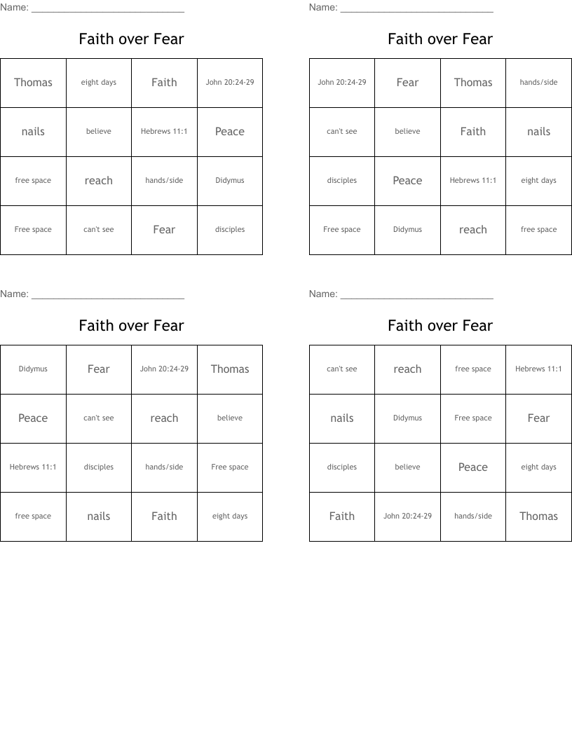 Faith over Fear  Bingo Cards