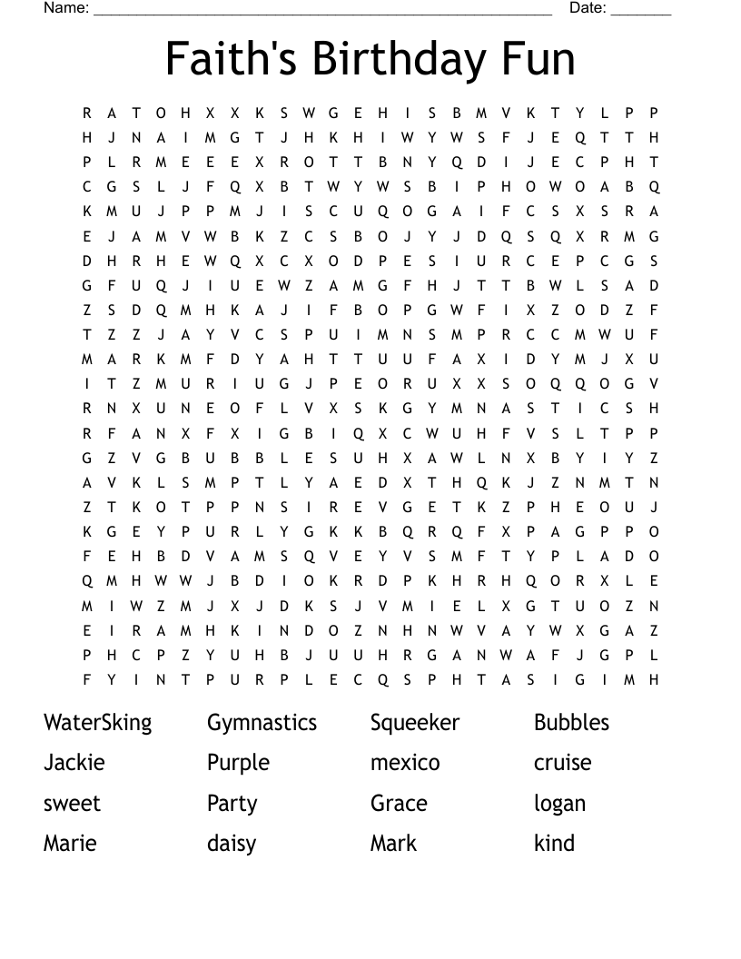 Faith's Birthday Fun Word Search