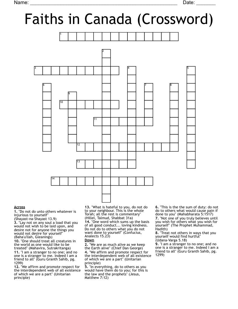 Faiths in Canada (Crossword)