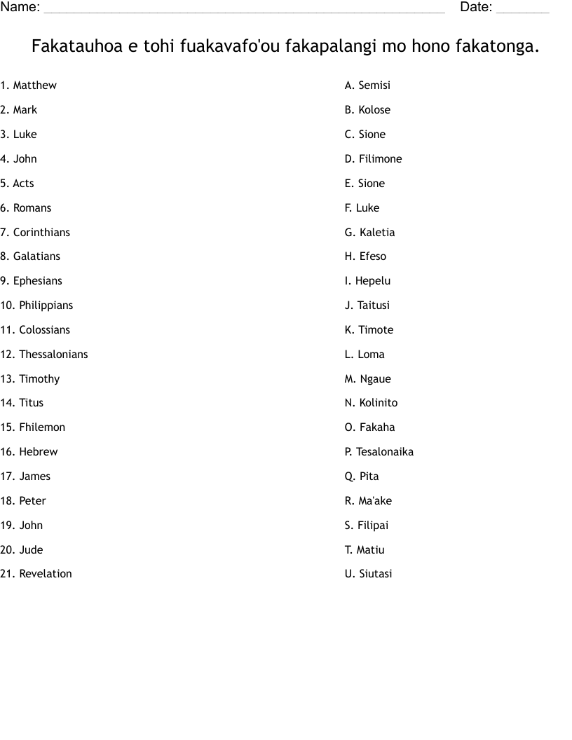 Fakatauhoa e tohi fuakavafo'ou fakapalangi mo hono  fakatonga. Worksheet