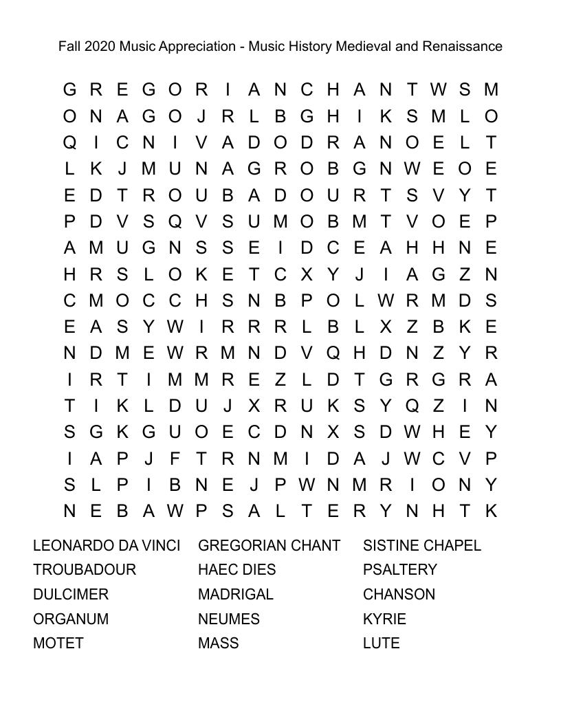 Fall 2020 Music Appreciation - Music History Medieval and Renaissance Word Search