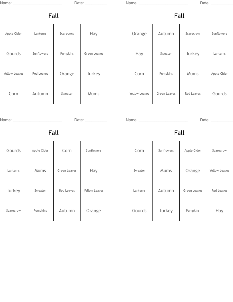 Fall Bingo Cards