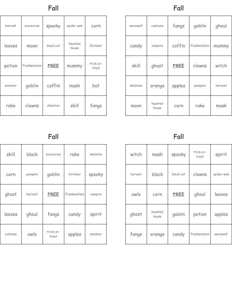 Fall Bingo Cards