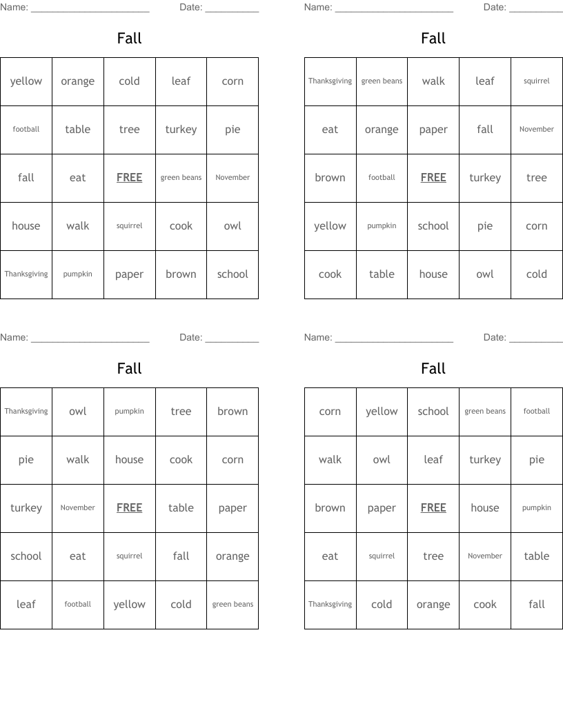 Fall Bingo Cards