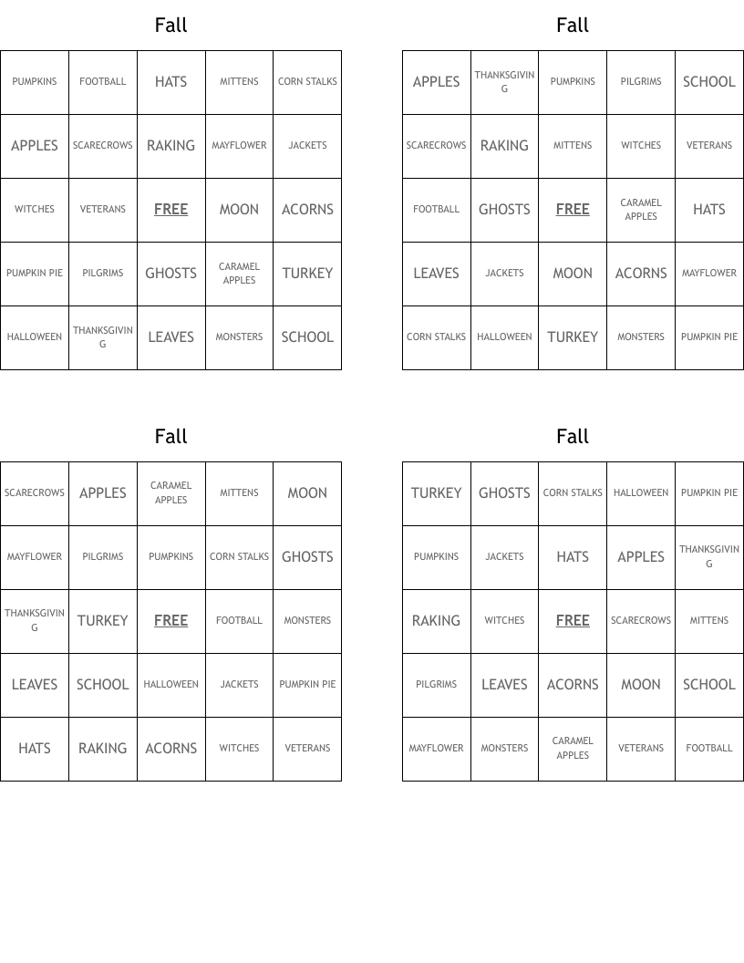 Fall Bingo Cards