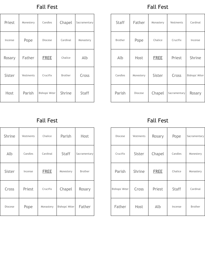 Fall Fest Bingo Cards