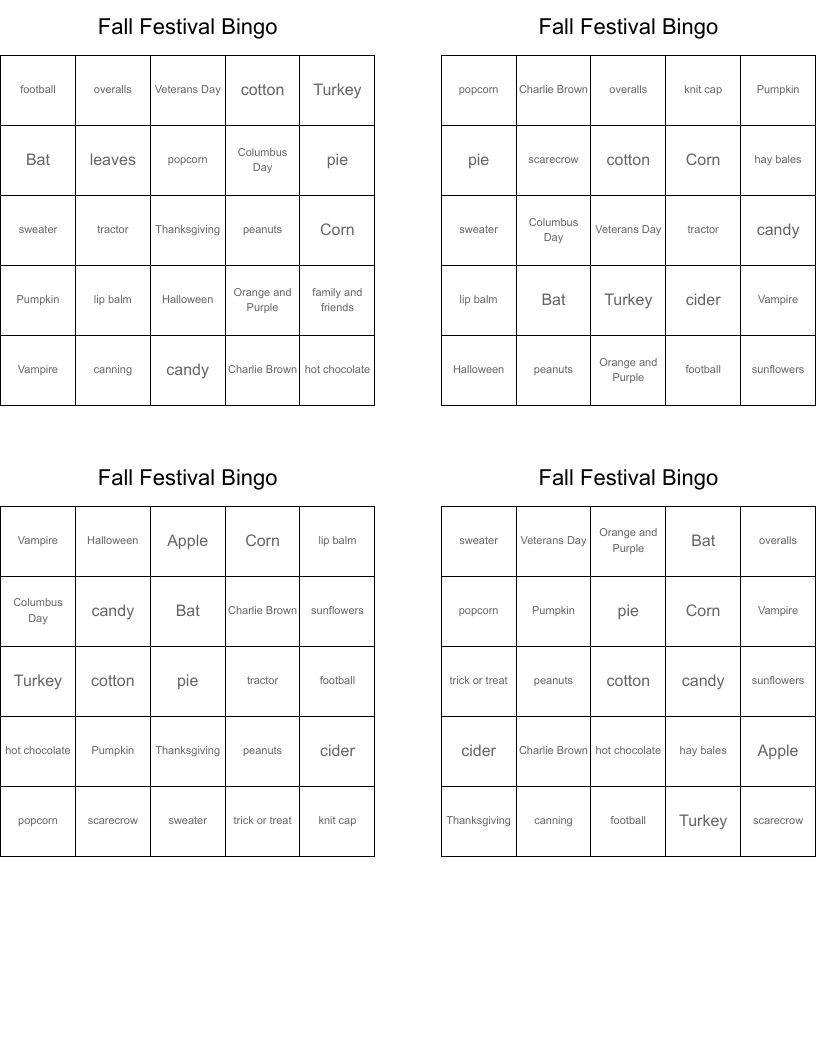 Fall Festival Bingo