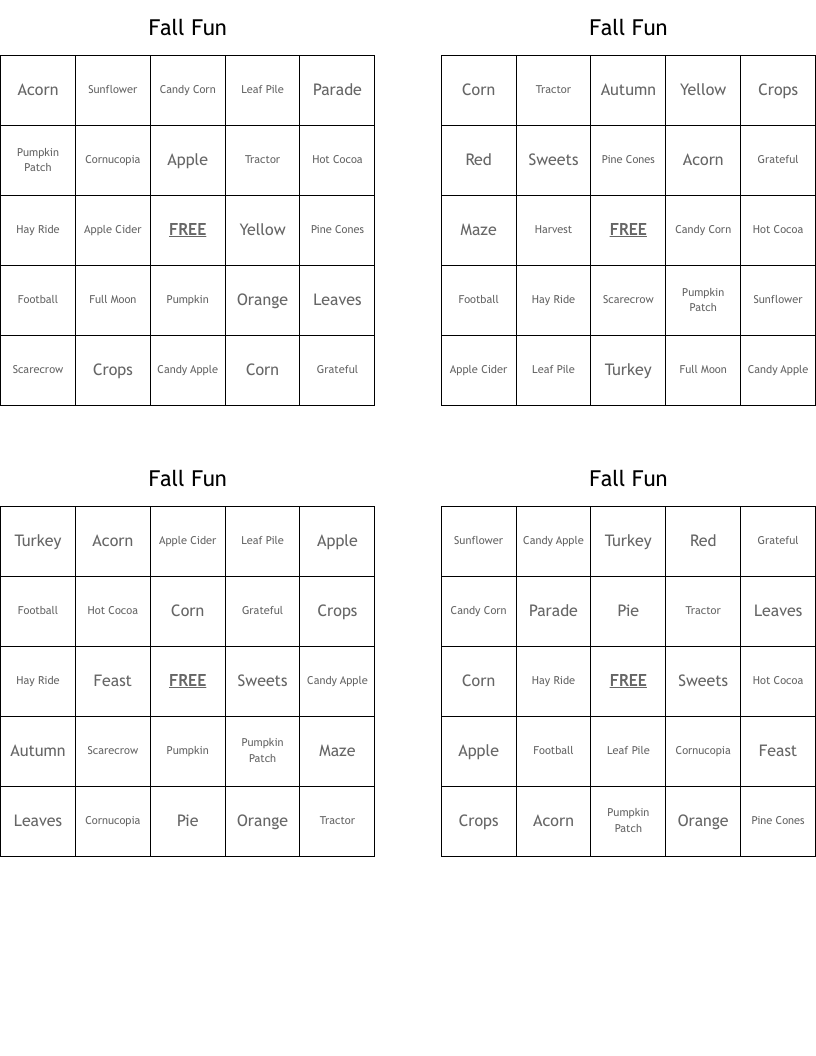 Fall Fun  Bingo Cards