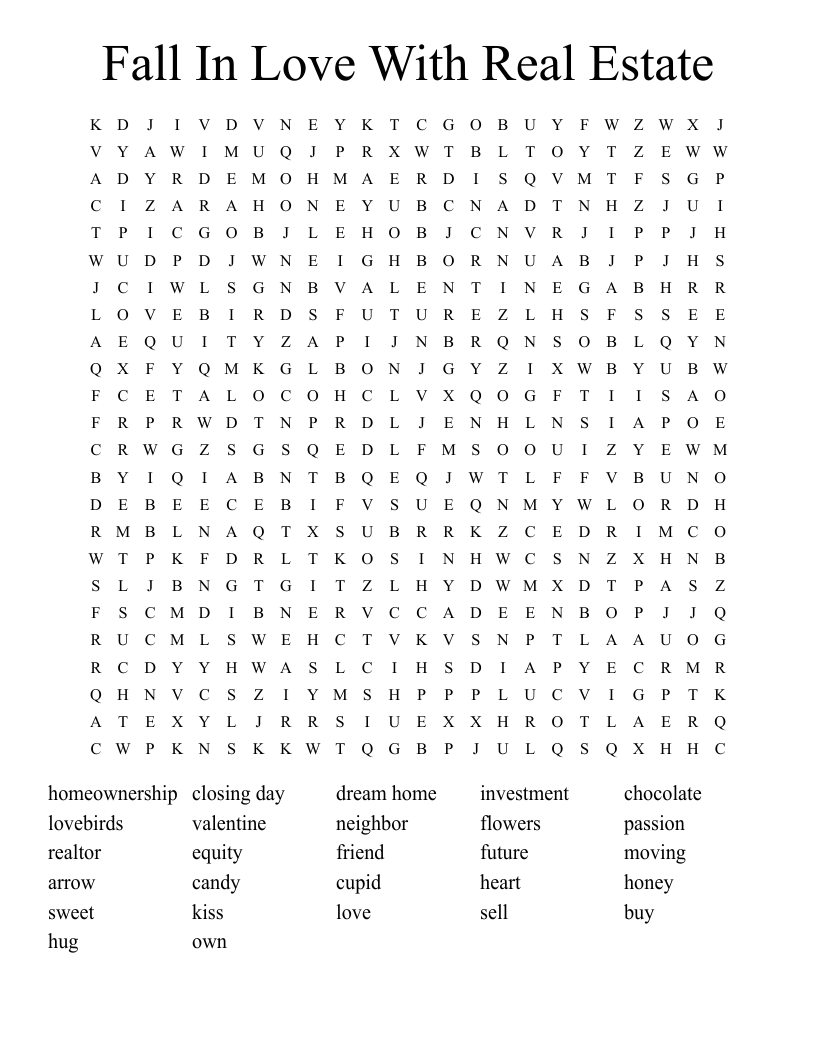 Fall In Love With Real Estate Word Search