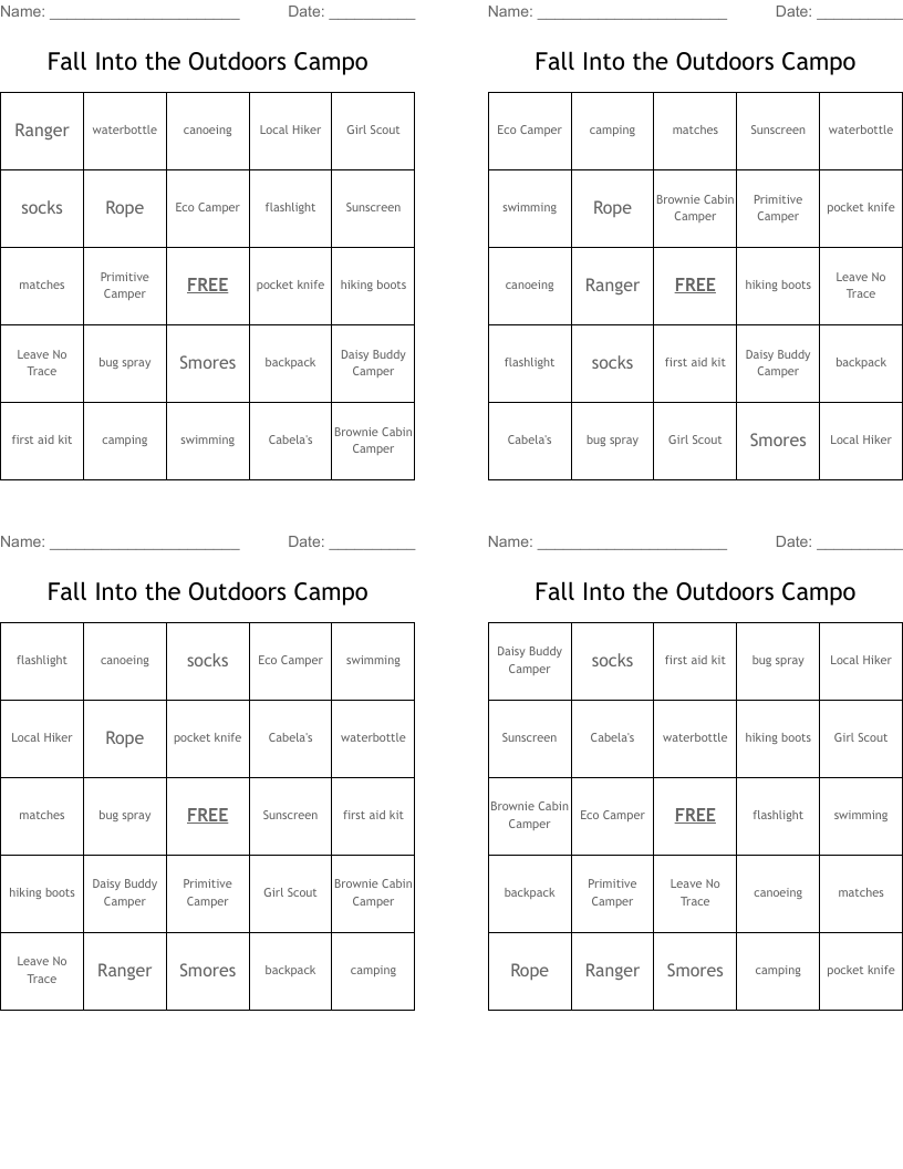 Fall Into the Outdoors Campo Bingo Cards