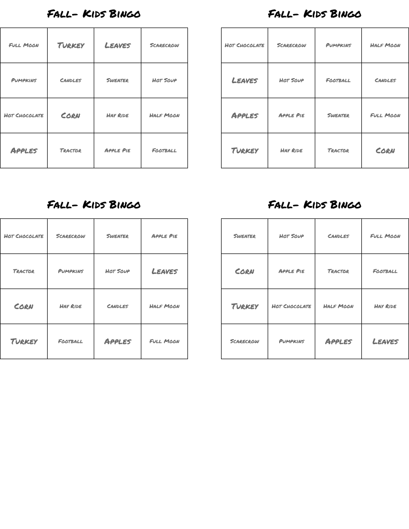 Fall- Kids Bingo