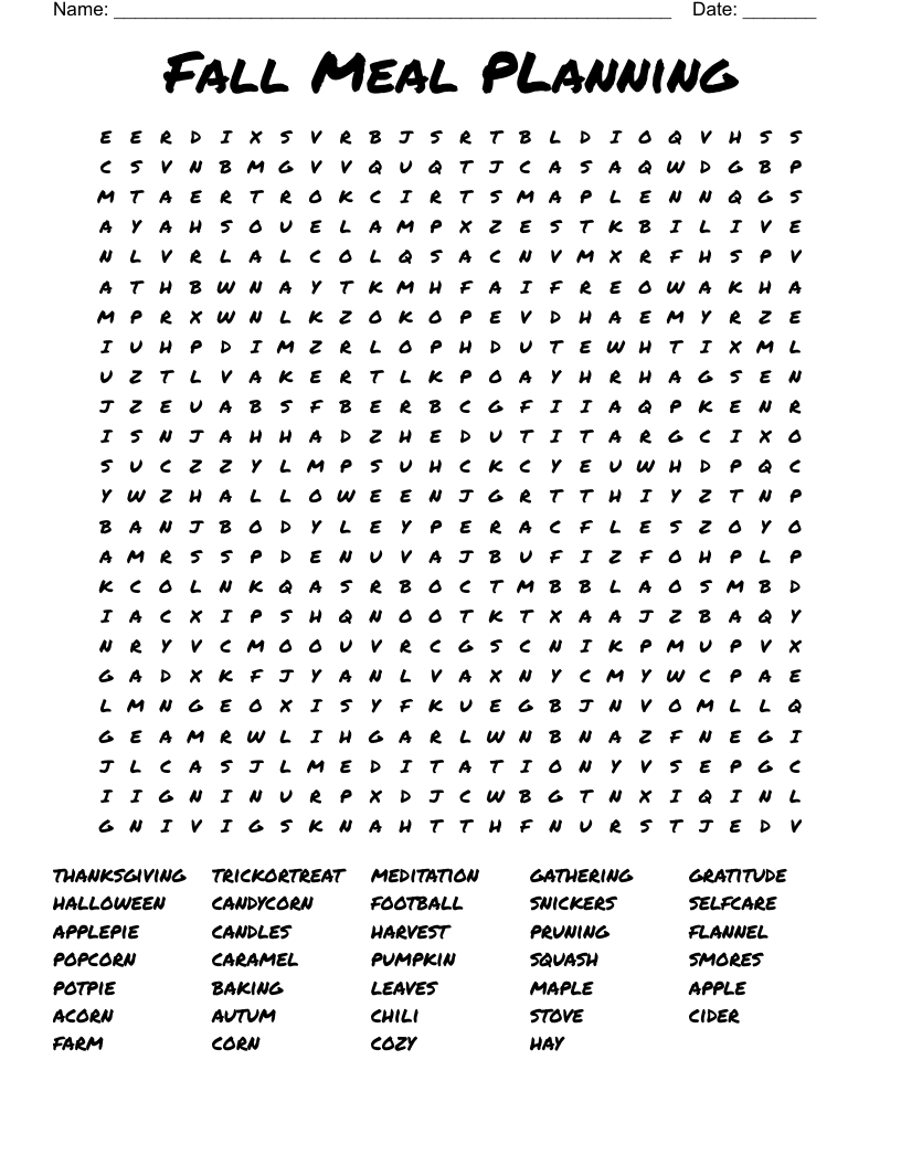 Fall Meal PLanning  Word Search