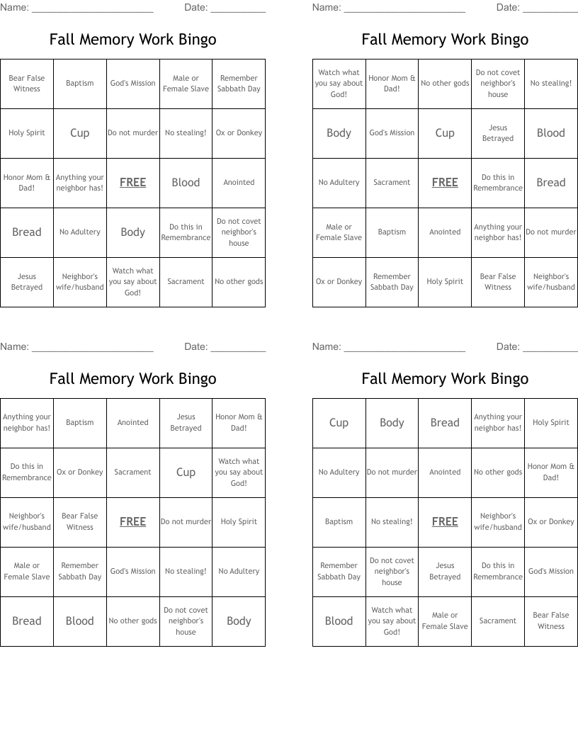 Fall Memory Work Bingo