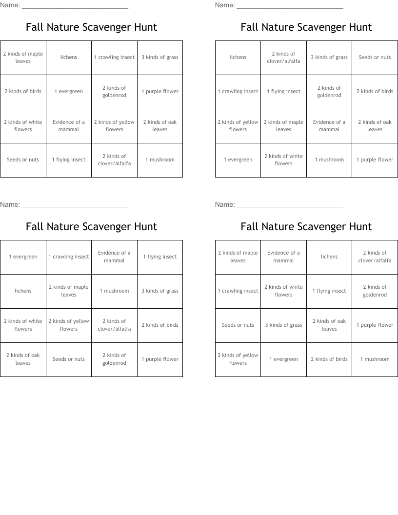 Fall Nature Scavenger Hunt Bingo Cards