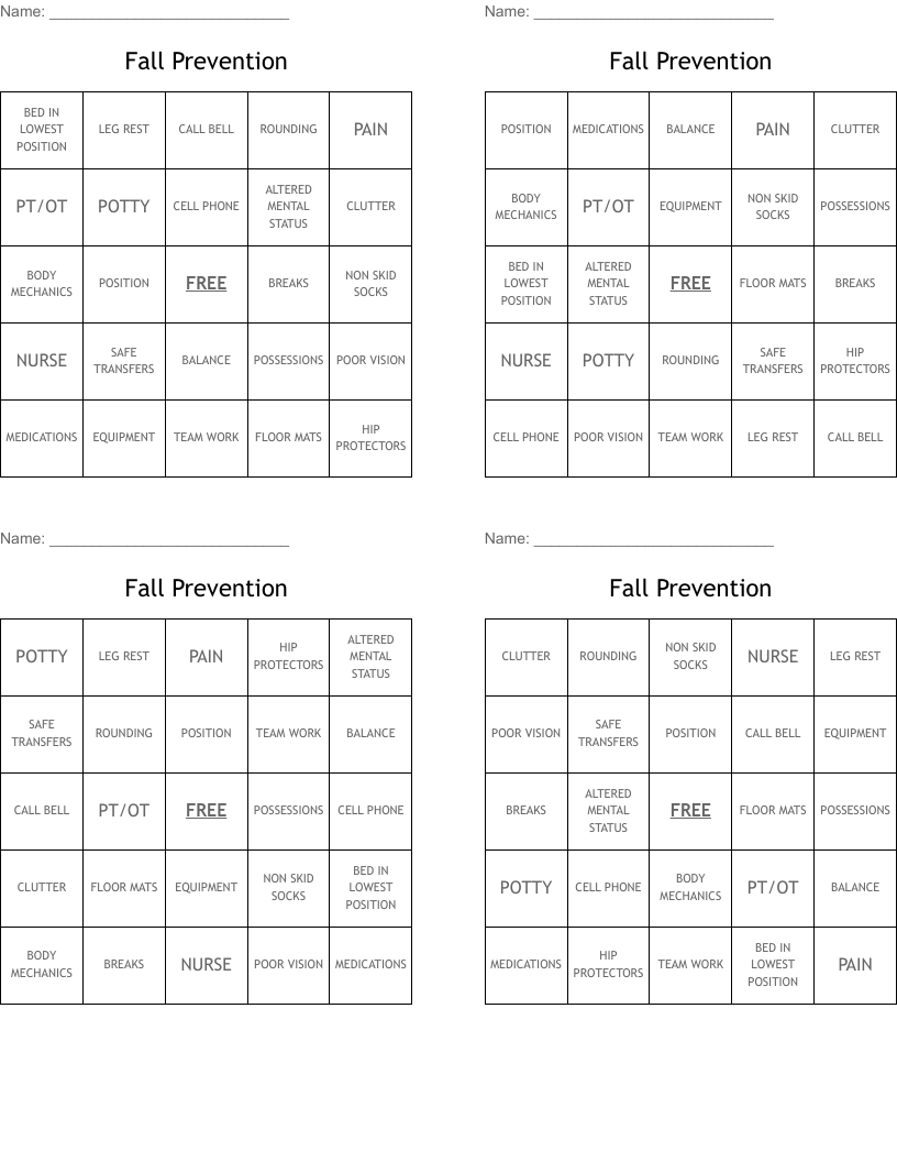 Fall Prevention Bingo Cards