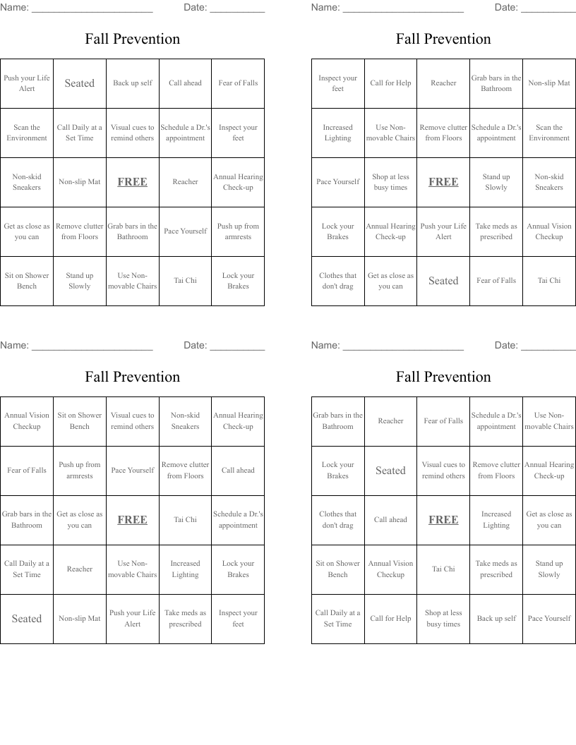 Fall Prevention Bingo Cards