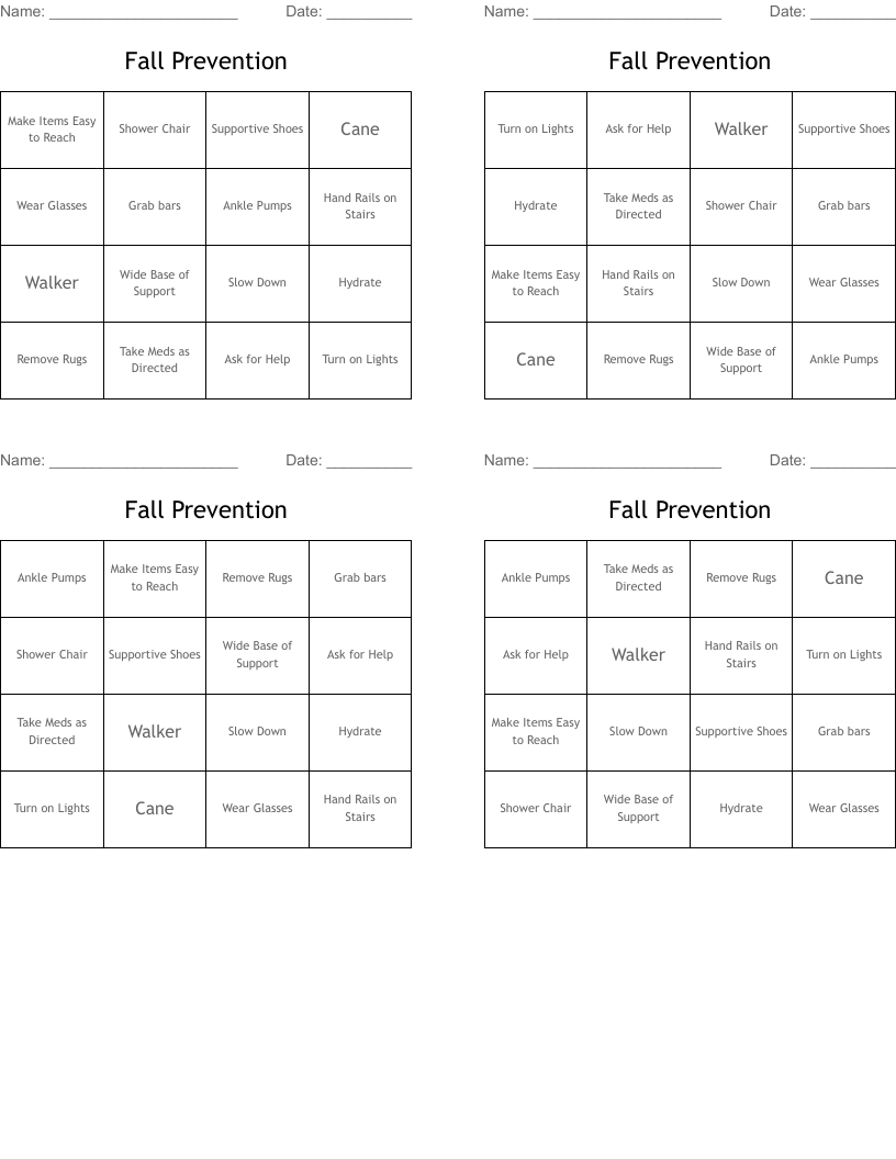 Fall Prevention Bingo Cards