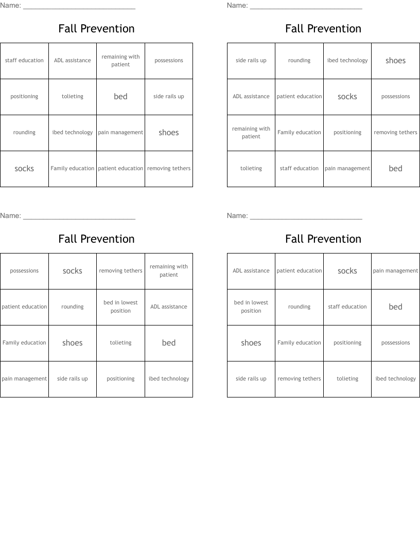 Fall Prevention Bingo Cards