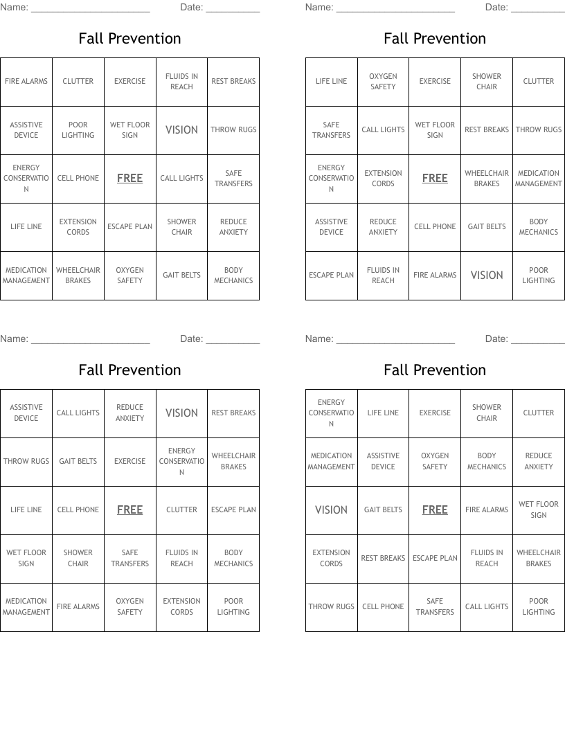 Fall Prevention Bingo Cards