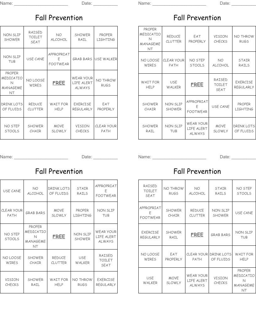 Fall Prevention Bingo Cards