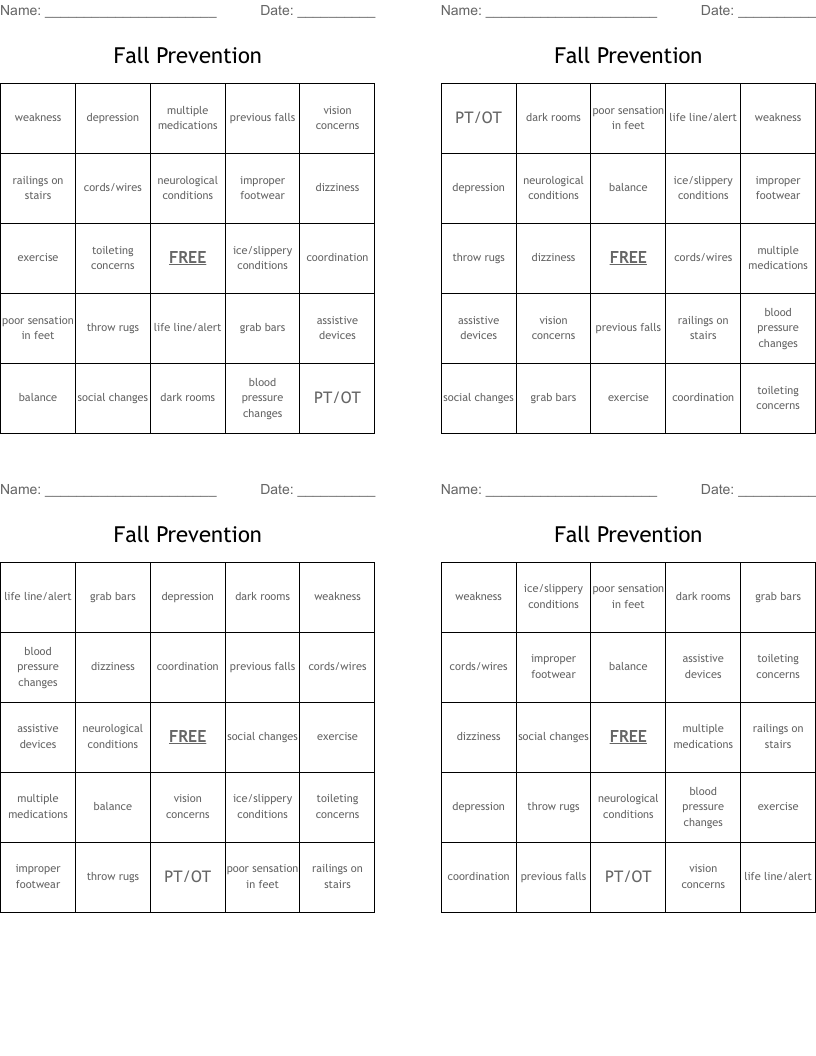 Fall Prevention Bingo Cards