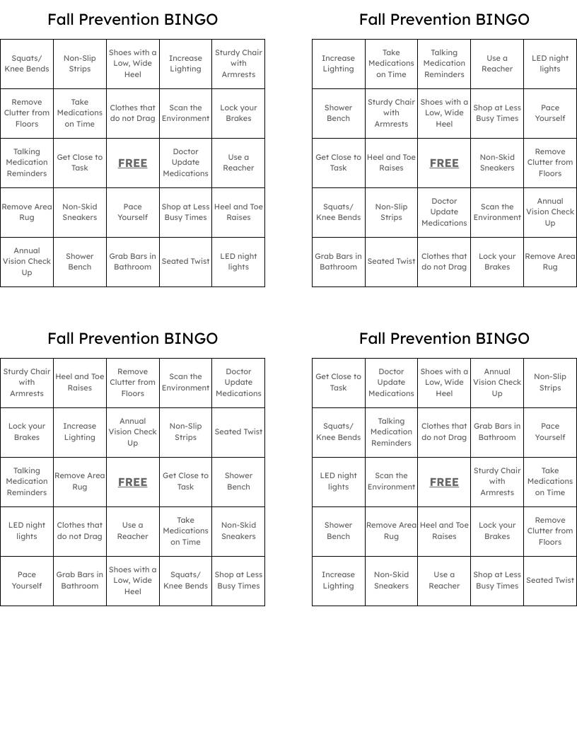 Fall Prevention BINGO