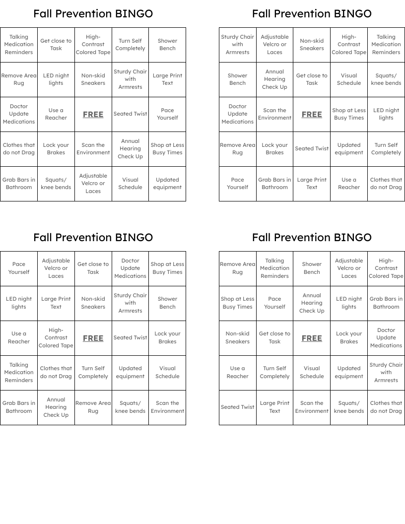 Fall Prevention BINGO