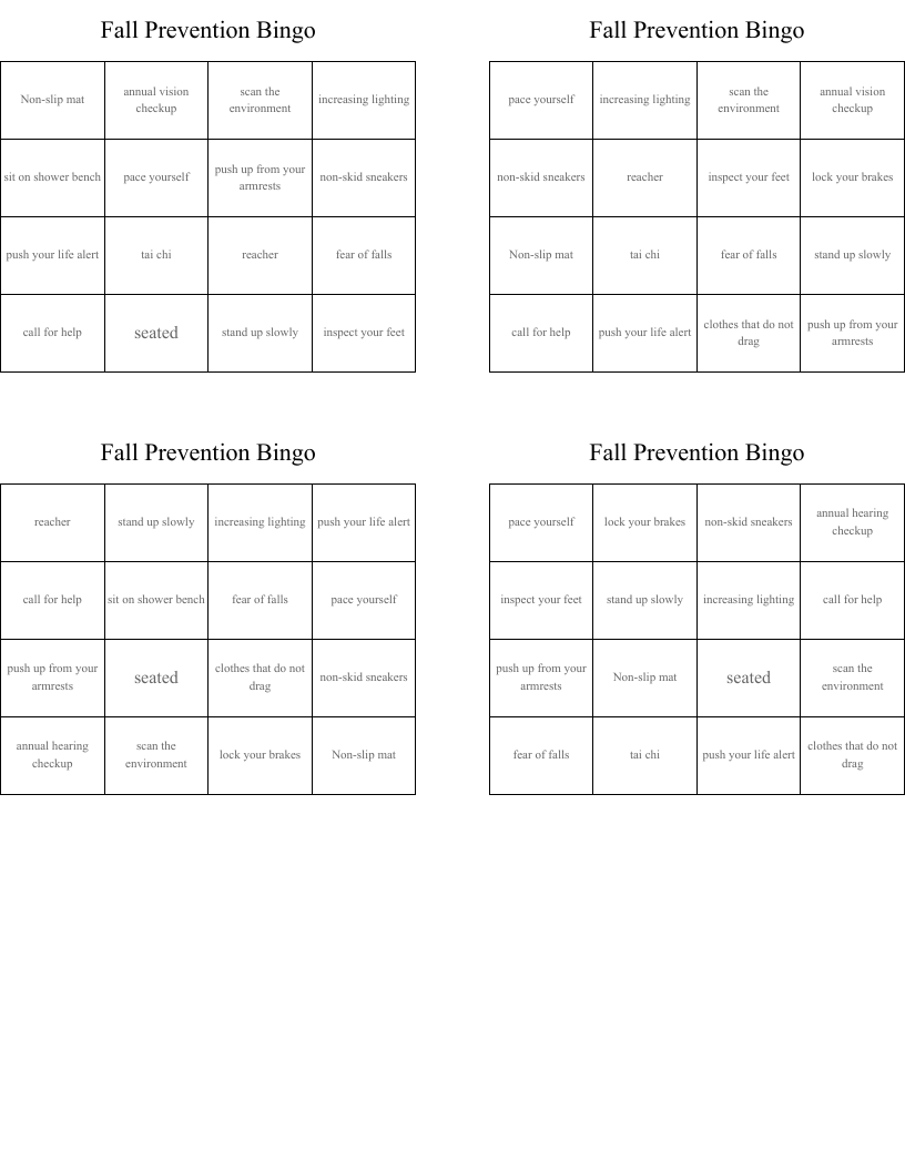 Fall Prevention Bingo